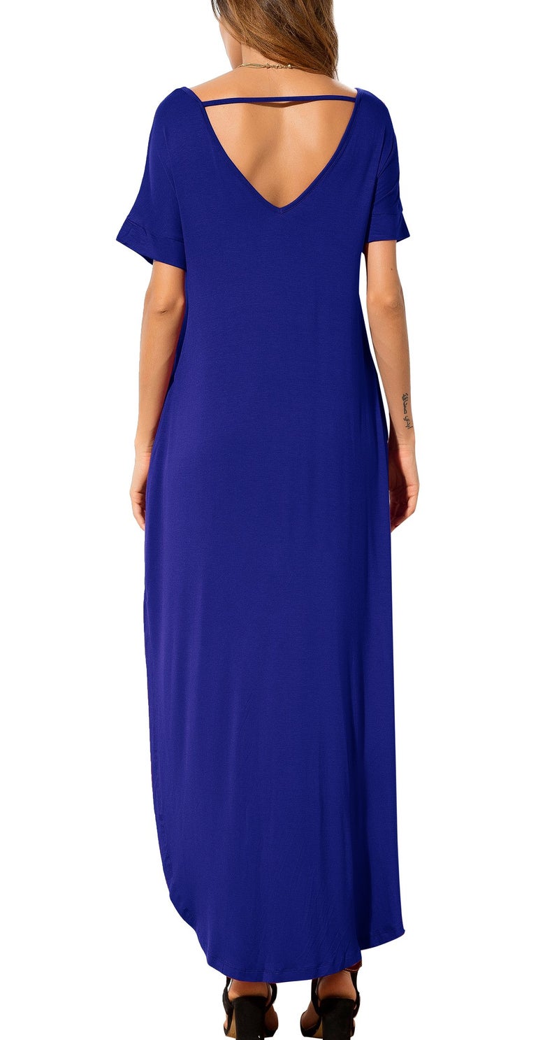 GRECERELLE Women's Maxi Dress Summer Casual Loose Side Split Short Sleeve V Neck Long Dresses with Pockets, Royal Blue, Large - Image 2